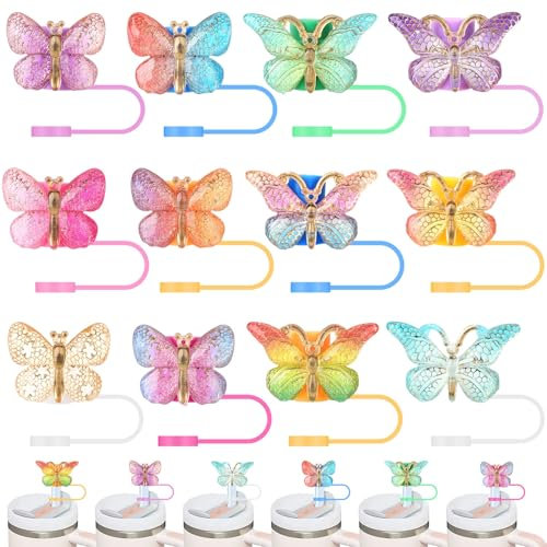 saerryor 12 Pcs Straw Cover for 40oz 30oz Tumbler,Butterfly Straw Covers Toppers,Reusable Silicone Straw Toppers,Cute Cup Accessories for Women Girls