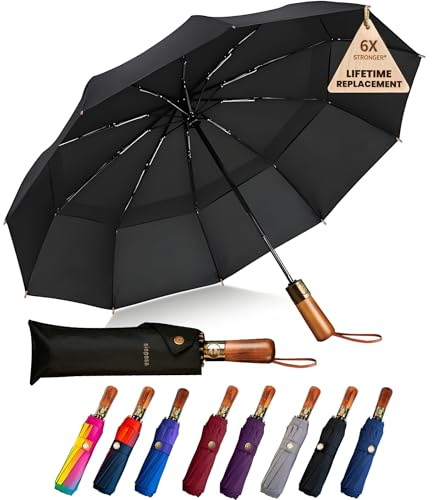 SIEPASA Großer faltbarer Golfschirm, automatisch, für Regen, kompakt, faltbar, Reise-Regenschirm, groß, tragbar, winddicht, mit Echtholzgriff, Schwarz, 137,2 cm