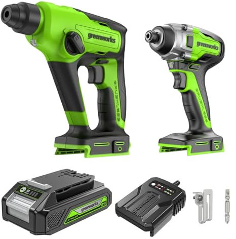 Greenworks 24V 1,2J Akku-Bohrhammer mit Schlagschrauber 300 Nm, Akku 2 Ah und Ladegerät