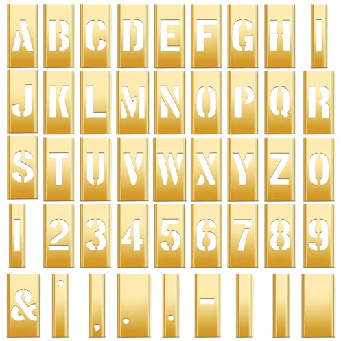 Pelopy 45 Pcs 2 Inch Brass Stencils Letters and Numbers Set Interlocking Letter Metal Stencils Curb Painting Kit for Labeling Tools Equipment Boxes Signs DIY and Craft Projects