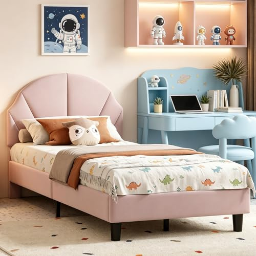 WOBOPCG letto singolo 90 x 200 cm, imbottito (velluto rosa), testiera regolabile, rete a doghe