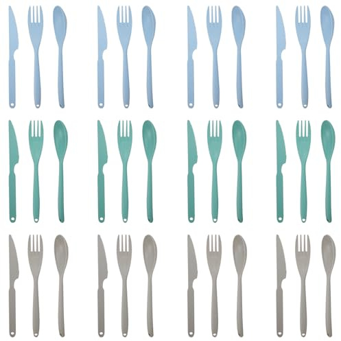 DIYJEP Set de Cubiertos de Plástico de 36 Piezas para 12 Personas, Juego de Cubiertos de Plástico Reutilizable con Tenedores Cuchillos Cucharas Para Campamentos Barbacoas (Azul Verde Gris)