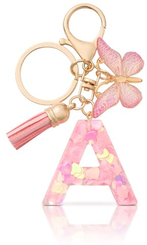 CHUQING Porte Clef Lettre Initiale Femme Papillon | Porte-Clés Initiale avec Papillon et Pompon, Accessoire Élégant pour Clefs et Sacs