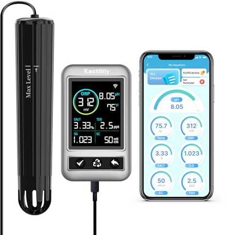 Kactoily Smart Aquarium Monitor with WiFi, All-in-One Salinity Tester for Saltwater Aquarium, Water Tester for Fish Tank with Real-Time Alerts