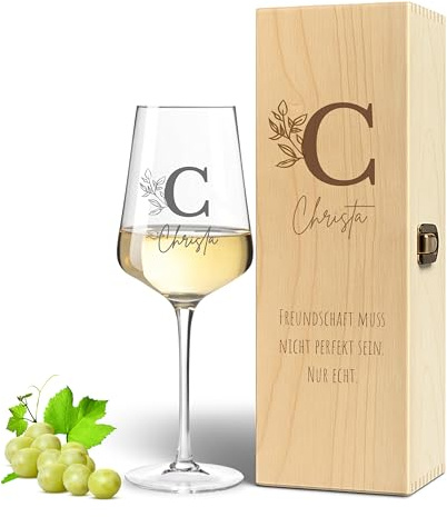 VILLA ROSA LOTTA - Holzkiste und Leonardo Weinglas mit Gravur, Beste Freundin, Personalisierte Geschenkide, Geschenke für Frauen - individualisierbar mit Monogramm und Name