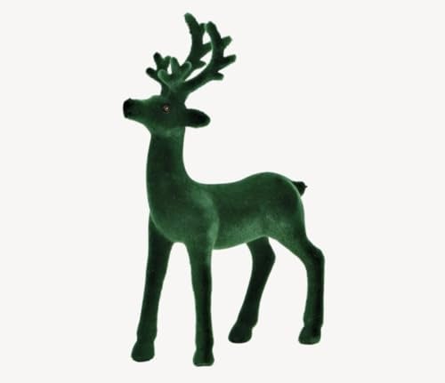 Seyila Home Deko-Hirsch beflockt – Samtige Hirschfigur für Winter & Weihnachten | Edle Dekofigur aus Kunststoff Größen (Grün, 19x36x8 cm)