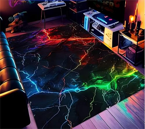 USHIRUG Bunter Abstrakter Teppich, 160x200cm, 3D-Design Mit Coolen Blauen, Roten Grünen Blitzlinien, rutschfest und Pflegeleicht, Weich und Strapazierfähig für Spielzimmer Schlafzimmer