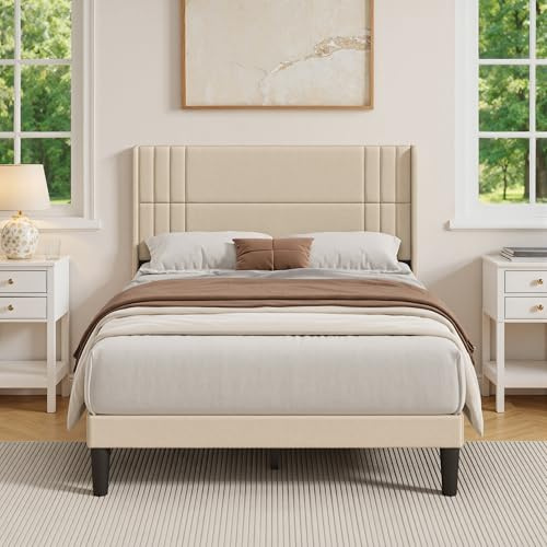 Blishom Polsterbett 140 x 200 cm, Bettgestell Doppelbett mit Kopfteil, Bettrahmen Stoffbett mit Lattenrost aus Holz, Gepolstertes Bettgestell, Beige