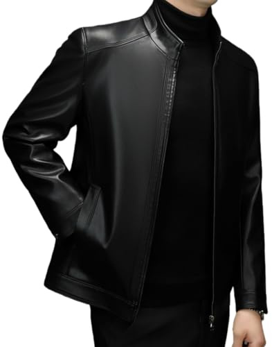 HESYSUAN Veste bomber classique en cuir pour homme, coupe ajustée, col montant, doux au toucher, coupe-vent, fermeture éclair, doublure en polaire