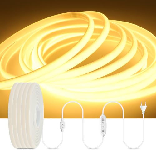 HEGEHE Dimmable Lumière au néon LED COB avec Fonction Minuterie, 230V 288 LEDs/m Ruban Led Flexible Néon Bande Led, IP65 Etanche Bande Lumineuse Super Lumineux LED Strip Light (Blanc Chaud, 20M)