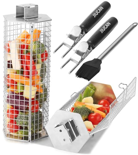 2 Pack Rolling Grill Basket, Removable Wooden Handle, 304 Stainless Steel, Nesting Grilling Net, BBQ Accessories Tools, Gift for Dad or Husband