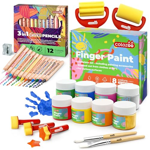 colozoo Gecko 3-in-1 Dicke Buntstifte & Fingermalfarben Set für Kinder | XXL Kreativ-Bundle inkl. Pinsel, Stempel & Zubehör | Ungiftig & Leicht Abwaschbar