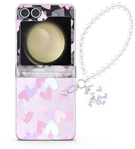 XIMIZU For Samsung Galaxy Z Flip 5 Clear Case Wrist Strap Women Pink Heart