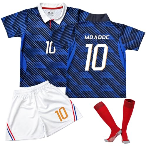 Oirigaga Fussball Trikot Kinder Set, WM 2026 Heim Nr.10 Trikot für Jungen und Mädchen von 8-9 Jahren, Atmungsaktives, Schnelltrocknendes Fußball-Trainingstrikot mit Kurzarm Shorts Socken, Blau Weiß
