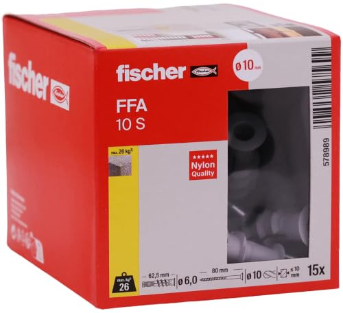 fischer Porenbetondübel FFA 10 S mit Schraube, Spezialdübel für die Befestigung in Porenbeton, hohe Tragfähigkeit, einfache Montage ohne Setzwerkzeug, 15 Dübel + 15 Schrauben