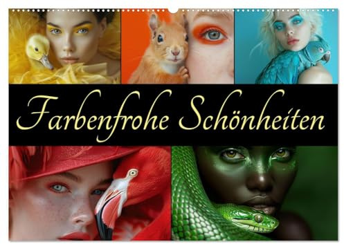 Farbenfrohe Schönheiten (Wandkalender 2026 DIN A2 quer), CALVENDO Monatskalender: Tiere und Frauen im farbigem Portrait - KI generiert (CALVENDO Tiere)