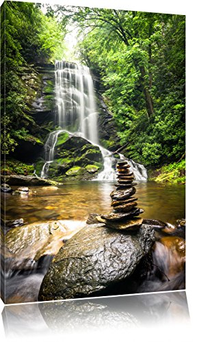 Pixxprint Zen Steine vor Wasserfall, Größe: 100x70cm, Leinwandbild, fertig gespannt, Wandbild, Dekoration, Kunstdruck, kein Poster
