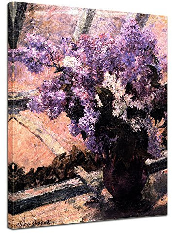 Bilderdepot24 Bild auf Leinwand | Mary Cassatt - Flieder in einem Fenster in 50x70 cm als Wandbild | Wand-deko Dekoration Wohnung alte Meister | NEU-180211-50x70-fie