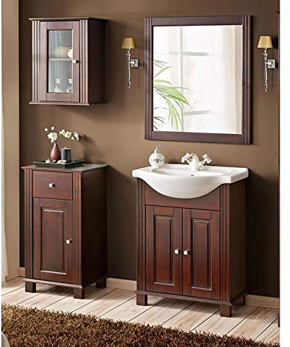 Lomadox Badezimmer Badmöbelset inkl. 65 cm Keramik-Waschbecken im Landhausstil, Pinie Massivholz braun, B/H/T ca. 150/180/44cm