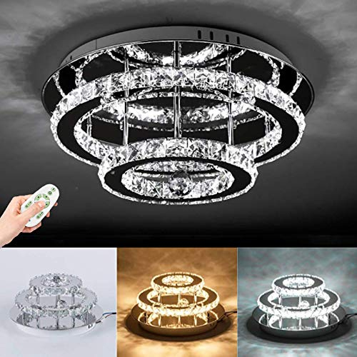AUCF Kristall Deckenleuchte LED Deckenlampe Kronleuchter 30W Dimmbar Fernbedienung Moderne Edelstahl Decke Lichter Beleuchtung Flur Balkon Schlafzimmer Wohnzimmer Restaurant Pendelleuchte Hängelampe