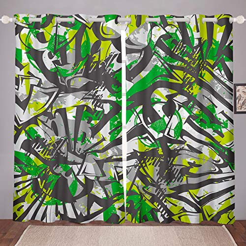 Tbrand Fußball Graffiti Fenstervorhang 175x140cm Hippie Graffiti Stil Vorhänge für Kinder Straßenkultur Dekor Blickdichte Vorhänge Moderne Kunst Grün