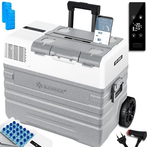KESSER® Kompressor Kühlbox elektrisch Gefrierbox, 52 Liter Mit APP-Steuerung USB-Anschluss 12/24 V 230V, +Teleskopstange, 2x Kühlbox Räder Kühlschrank Kühlung bis -20 °C für Auto, Lkw, Boot + Kühlakku