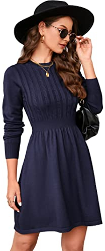 KOJOOIN Damen Strickkleid Pulloverkleid Zopfmuster Langarm Tunika Kleid Strickpullover Minikleid Rundhals Pullikleid Elegant A Linien Freizeitkleid (Verpackung MEHRWEG), A-Dunkelblau, M