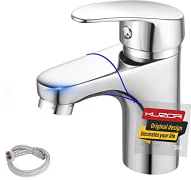 KUZOR 1PC Brass Mixer Tap with G1/2 UK Standard Water Hoses - Modern 5-Minute Installation Single Lever Sink Faucet for Bathroom/Basin/RV/Vanity - Height 5.12in, Weight 1.22lbs - Chrome