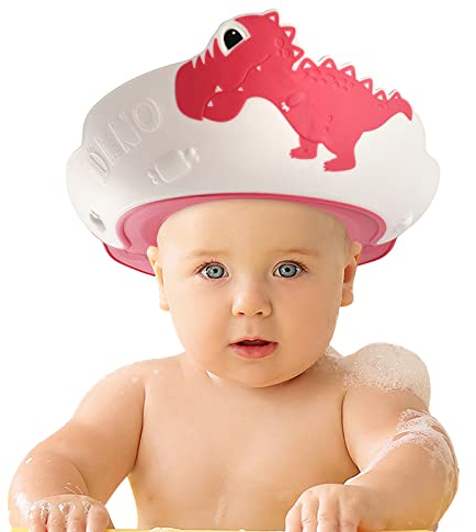 FUNUPUP Duschhaube Kinder Baby Verstellbare Dinosaurier-Form Haare Waschen Kinderschutz Schild Shampoo Schutz Baby-Visier für Augen und Ohren (Dinosaurier-Rot)