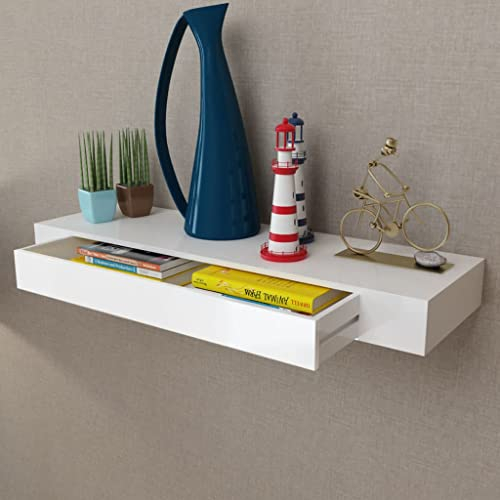 INLIFE MDF Wandregal Bücher/DVD-Regal Hängeregal mit 1 Schublade, weiß,Weiß,5.65KG