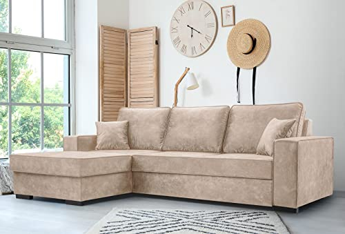 Ecksofa mit Schlaffunktion 90x265x165 cm - Lana - Elegante Schlafcouch mit Bettkassen - Große Couch L Form für Wohnzimmer - Komfortables Schlafsofa - Eckcouch 4 Sitzer Beige Linke Seite