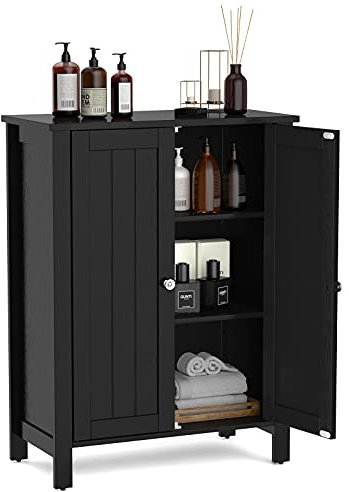 RELAX4LIFE Bathroom Floor Cabinet, Freestanding Storage Cupboard with 3-Position Adjustable Shelf, Wooden Display Sideboard Organizer Unit for Living Room Bathroom Entryway (60 x 30 x 80cm, Black)