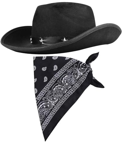 COLOFALLA Cowboy Hut Cowgril Hut Schwarz Karneval Hut Schwarz Stern mit Halstuch Cowgirl Kostümzubehör Partyhut Partyhalstuch Accessoires Cowboy Hut für Karneval Fasching JGA Urlaub Frau
