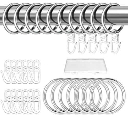 30 Stück Gardinenhaken Metall Vorhangringe Silber mit 50 Stück Kunststoff Haken, Gardinen Ringe für Gardinenhaken,Duschvorhang,30 mm Innendurchmesser (Silber)