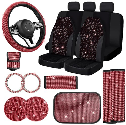 Jusen 17 Pack Bling Auto Sitzbezüge Set Auto Diamant Zubehör Strass Kristall Lenkradbezug Bling Samt Atmungsaktiv Glitzer Mittelkonsole Pad Universal Auto Interio (Komplettes Set/Rot)