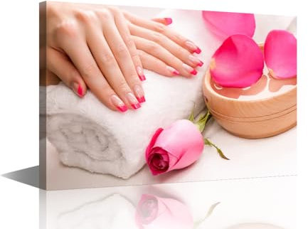TISHIRON 1 Panel Beauty Salon Wall Art Nail Pink Rose Pictures Print On Canvas Hand Spa Modern Artwork Wall Art for Living Room Office Giclee Gallery Posters and Prints Framed Ready to Hang, 24x16in