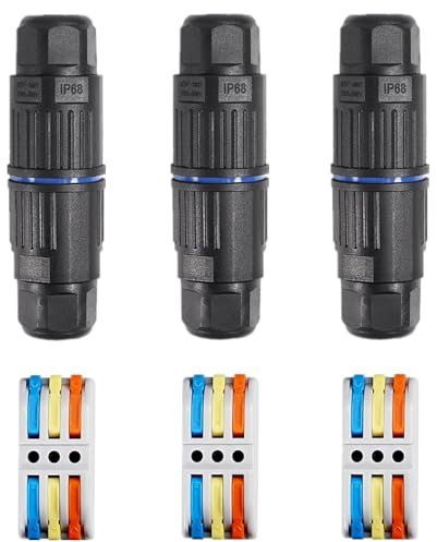 Dealikee 3PCS IP68 Waterproof Junction Box, Outdoor 3 Way Electrical Cable Connector, Replaceable Lever Wire Connectors for AWG 28-12, Quick Screwless Installation