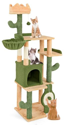 GYMAX Cat Tree, 160cm Multi-Level Tall Cat Tower with Sisal Scratching Posts & Board, Condo, Padded Perch, Hanging Toys, Basket Bed, Platforms, Green Cactus Cat Tree for Indoor Cats