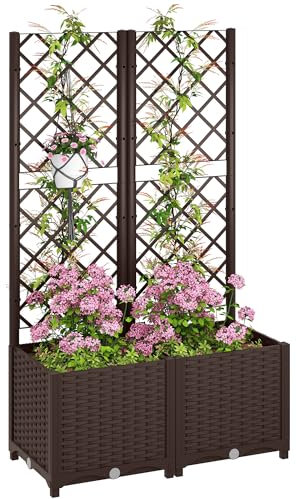 Outsunny Letto per Orto Rialzato da Esterno con Grigliato e 6 Fori di Drenaggio, Fioriera da Esterno per Piante Rampicanti in PP, per Fiori e Verdure, per Giardino e Balcone, 80x40x135 cm, Marrone