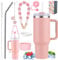 Sanilinwild 40 oz Tumbler Insulated Mug w/Straw & Flip Cap Lids - Cup Holder Bottle with 6 Accessories Set for Hot, Cold Drink - Leak-Proof - Water, Coffee Portable Travel Mug (Coral)