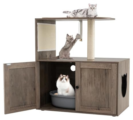COSTWAY Kratzbaum mit Katzenklo Schrank, Katzenschrank für Katzentoilette, Katzenbaum mit große Plattform & Kratzmatte & Ball & Sisalpfosten, All-in-One Katzenmöbel, 80 x 45 x 87,5 cm, Grau
