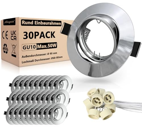 Allesgute 30er Led Einbaustrahler 230V GU10 Set Einbaurahmen Rund 68mm Spots 360° Schwenkbar Einbauleuchten Poliertes Chrom Deckenspots Rahmen inkl. GU10 Fassung für LED oder Halogen