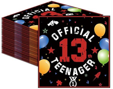 20 Stück Servietten 13 Geburtstag Junge Mädchen, Schwarze Rot Deko 13 Geburtstag Tischdeko Teenager Geburtstagsservietten Tischdekoration Partyservietten, 33x33cm
