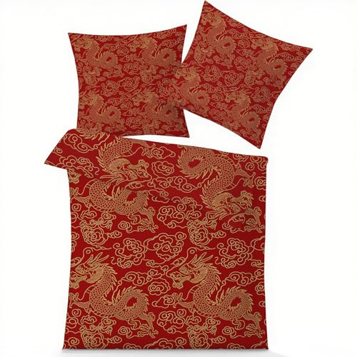 GEDAEUBA Winter Bettwäsche 140x200 Chinesischer Drache - Rot Gold Bettbezug, Wendebettwäsche und Kissenbezug 70x90, Weiche & Angenehme Mikrofaser Bettwäsche-Sets mit Reißverschluss