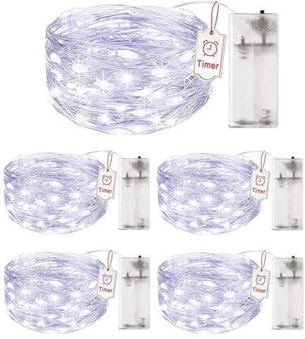5 Stück LED Lichterkette mit Timer, 2M 20LED Lichterketten Kaltweiß | Lichterketten Batterie, IP65 Wasserdicht Draht Lichterkette für Innen/Außen, Weihnachten, Hochzeit, Party Deko