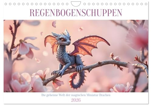 Regenbogenschuppen - Die geheime Welt der magischen Miniatur Drachen (Wandkalender 2026 DIN A4 quer), CALVENDO Monatskalender