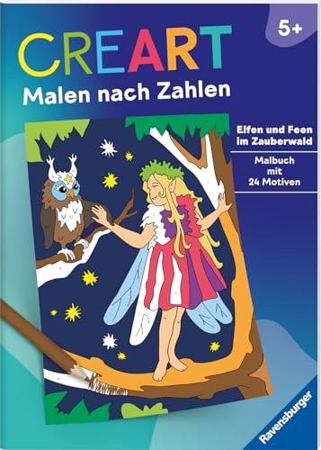 Ravensburger CreArt Malen nach Zahlen ab 5: Elfen und Feen im Zauberwald, Malbuch, 24 Motive, Einhorn, Magie, Zauber, Fantasy