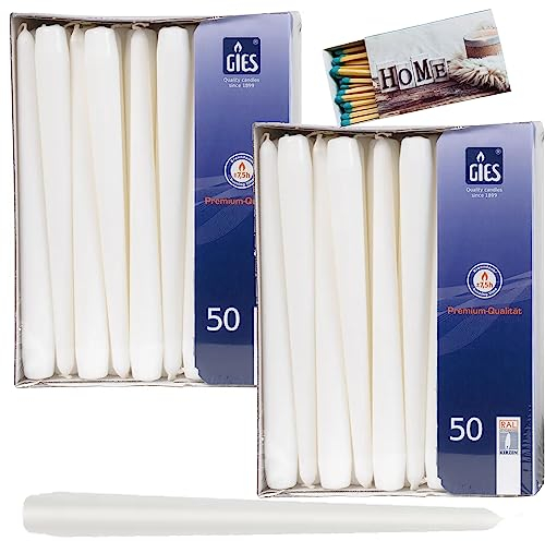 Gies 100er Packung Spitzkerzen Weiss 245 x 23,5 mm | Tafelkerzen Kerze Brenndauer 7 Stunden