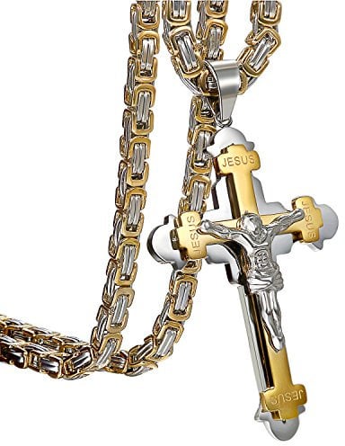 Oidea Mens Jesus Cross Pendant Necklace: Gold Tone Punk Stainless Steel Necklace for Men Women Amulet Christian Jewelry Gift with 21.65'' Rough Chains