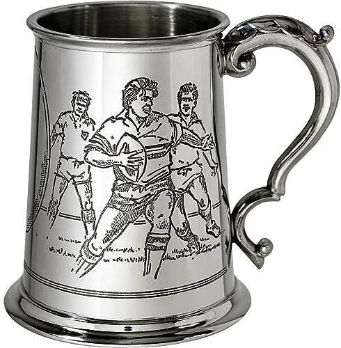 Pewter Tankard 1 Pint with Rugby Scenes on Both Sides and Antique Handle Pure Heavy Gauge Beer Tankard Perfect for Engraved Personalised Gifts for Men and Women